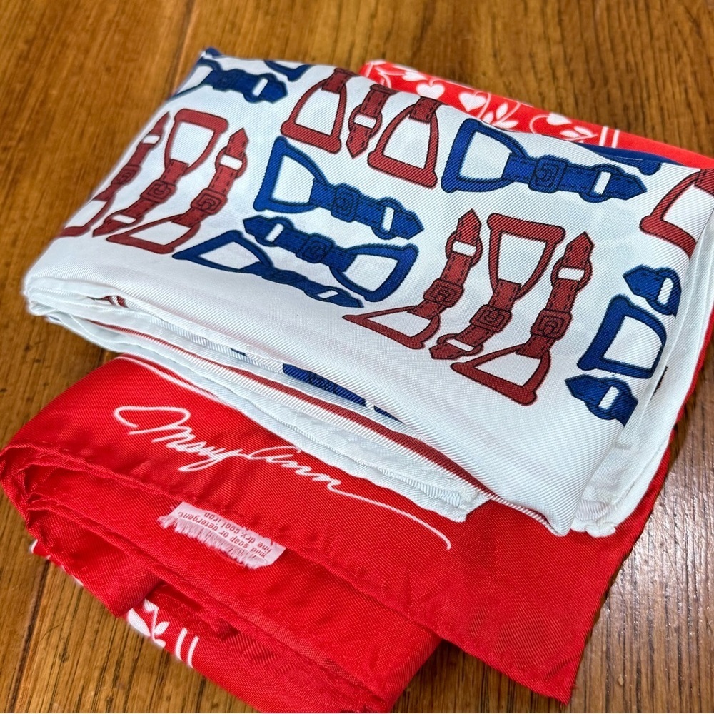 Bundle of 2 Scarves Red Heart Print & Blue Equestrian Horse Bit Square Scarves - Picture 12 of 13
